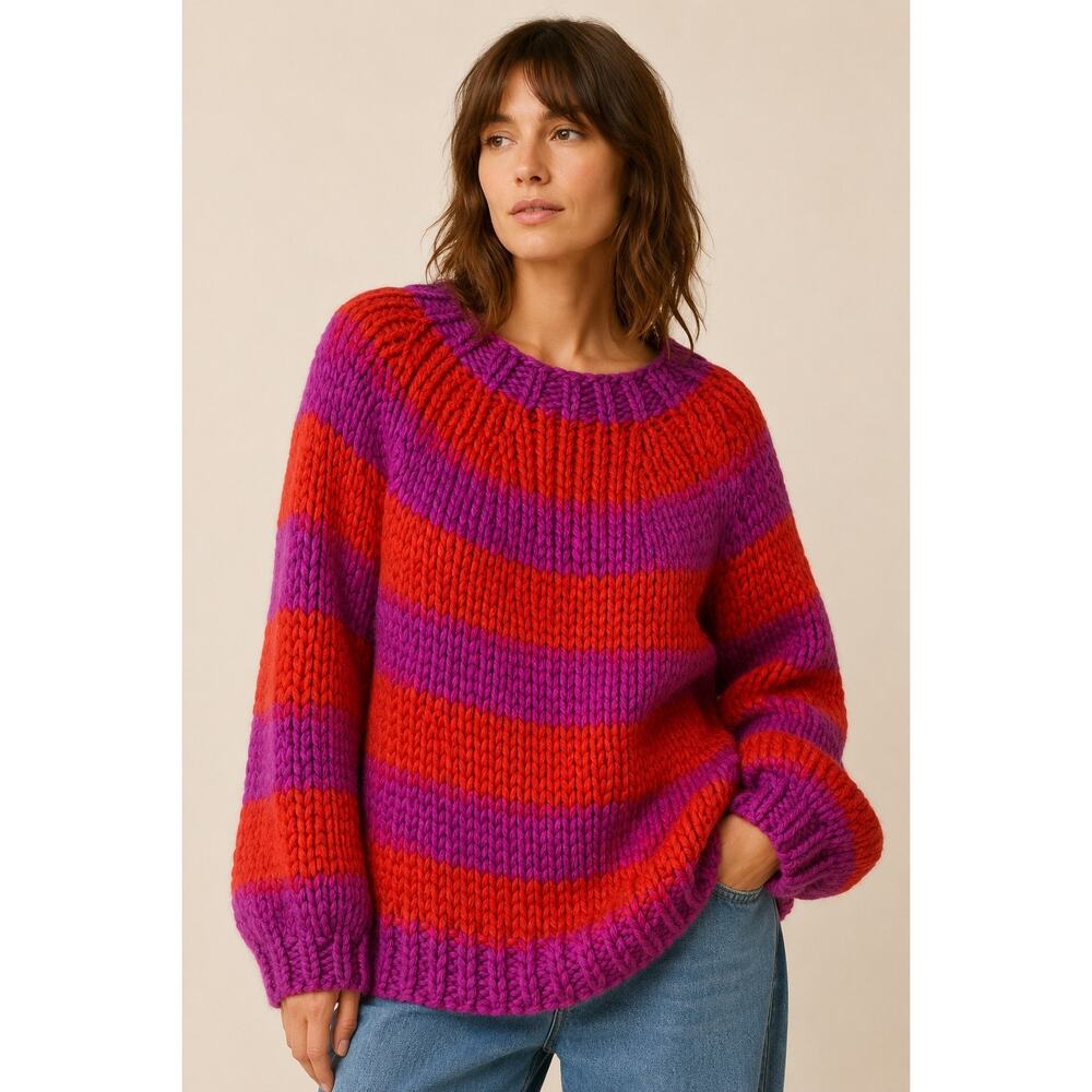 FRNCH Paris Chunky Knit Striped Sweater Large Pink Purple Oversized
